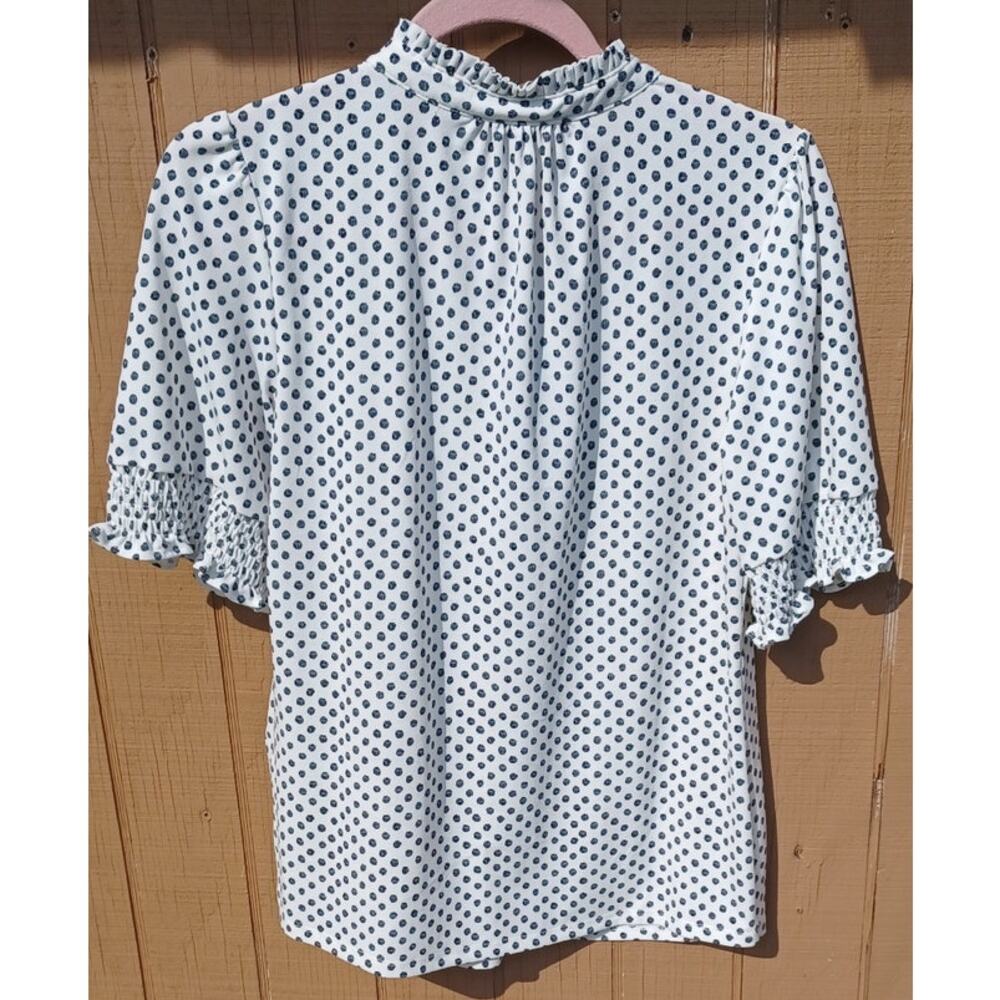 New Adrianna Papell M Ivory Black Dot Tie Neck Smocked Sleeve Blouse Romantic - Picture 5 of 9